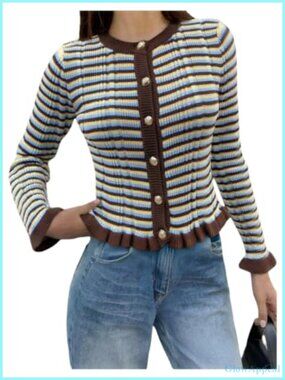 Striped Cardigan Vintage Retro Casual Sweater Button Front